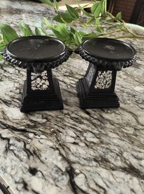 Black Decorative Accent Pedestals with Mirrored Inlay Set Of 2 Glass Gothic